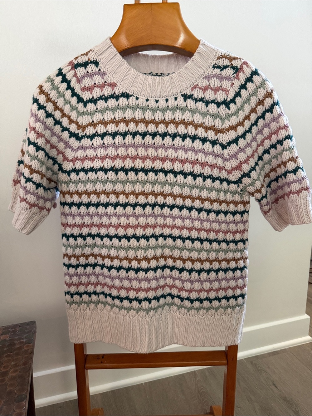Maurices Cream Short-Sleeve Crewneck Sweater with Pink, Tan & Dark Green Stripes